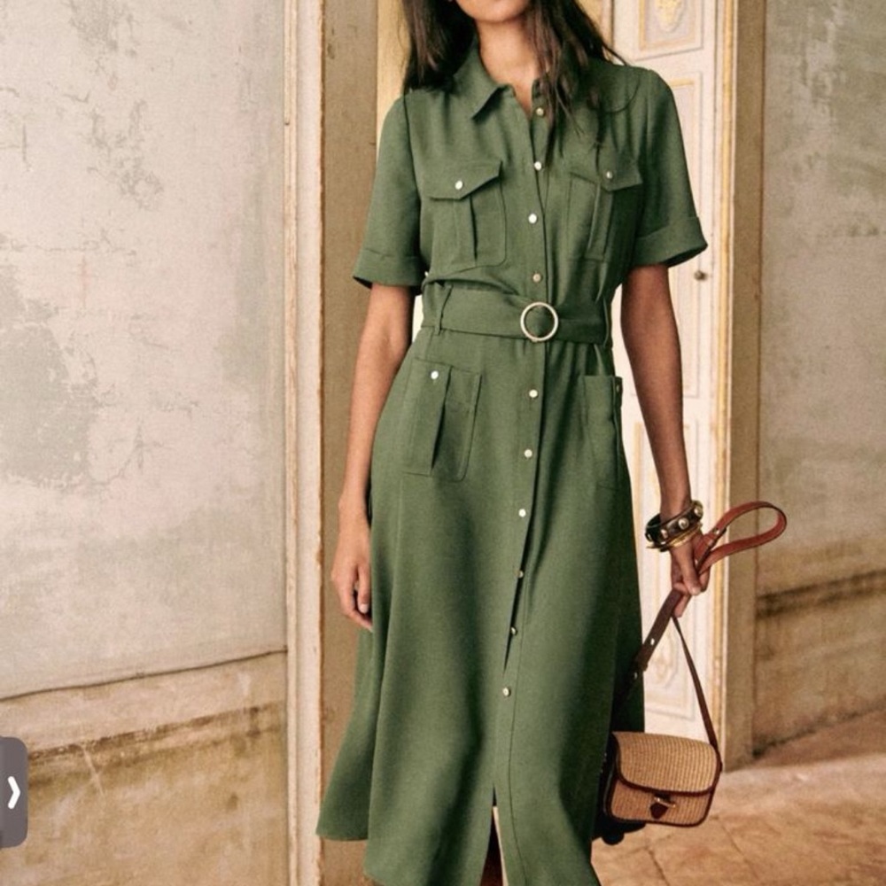 Sezane Raquel Dress metallic buttons Khaki shirtdress